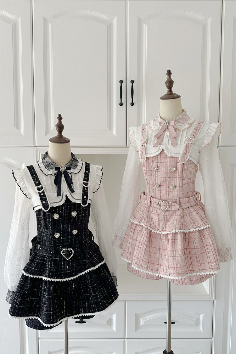 Pearl-Adorned Tartan Jirai Kei Japanese Dress Set