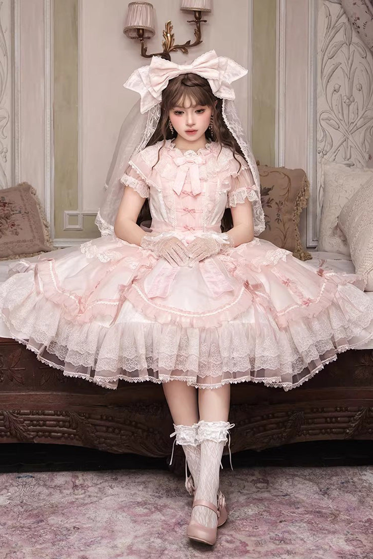 Candy Flavor Round Collar Short-Sleeve Ruffle Bow Lace Elegant Lolita OP