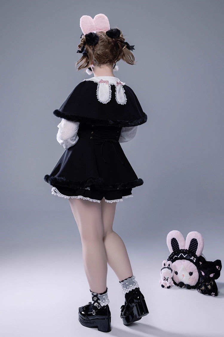 Jirai Kei Long-Sleeve Lace-Up Set with Ruffle Bow and Plush Shorts, Japanese Style