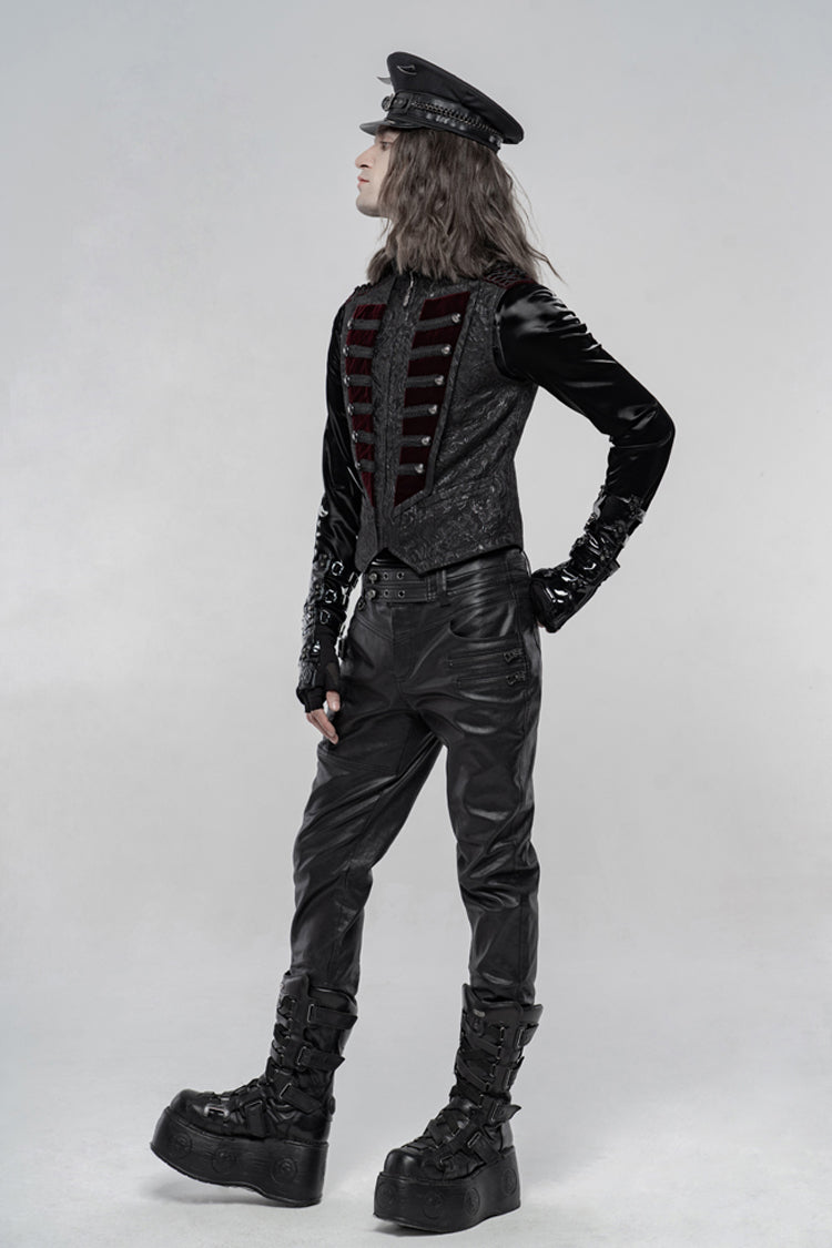 Gothic Men's Vest with Jacquard Velvet, Stand Collar & Chest Breasted Trim