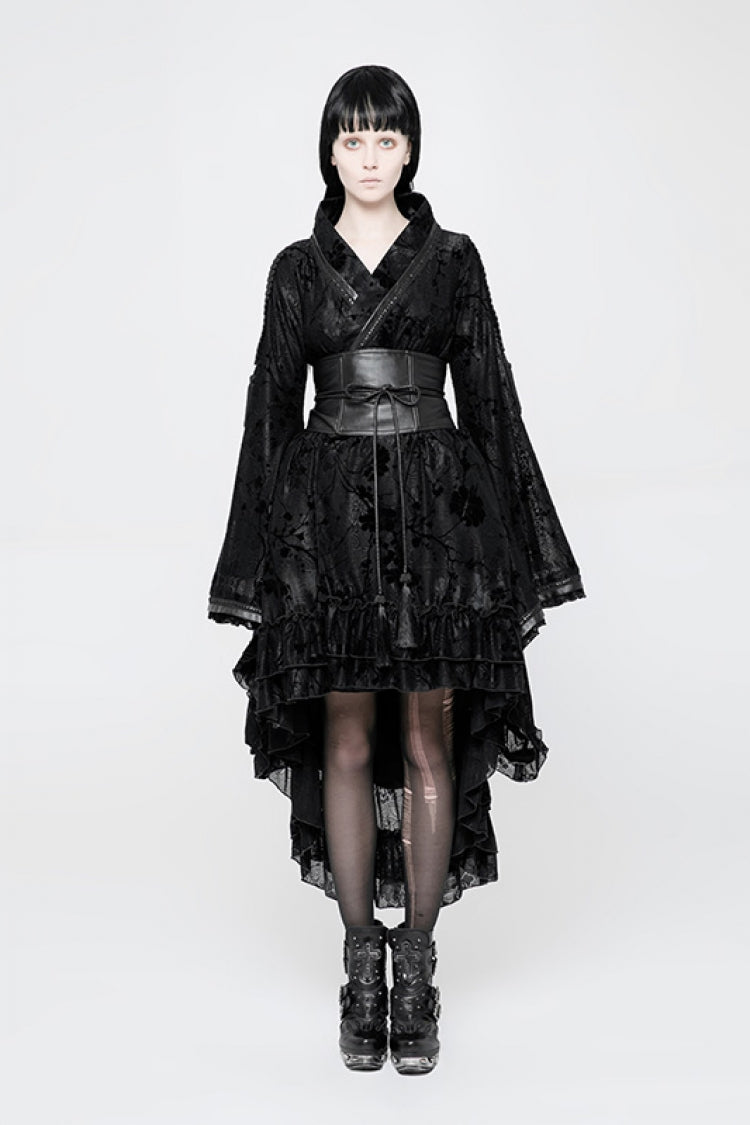 Gothic Kimono Dress with Ruffle Print, Long-Sleeve Women's Japanese-Inspired