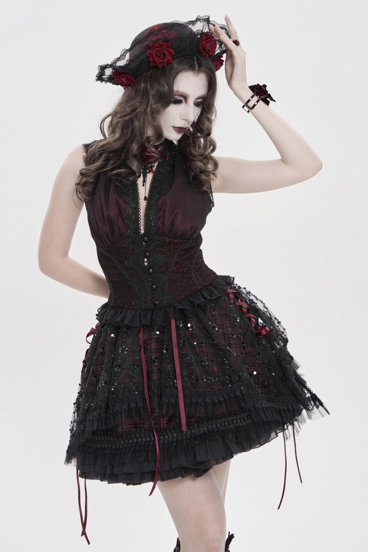 Crimson & Noir Multi-Layer Lace-Up Gothic Skirt