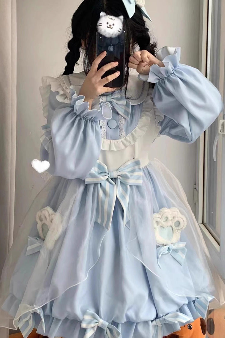 Sweet Lolita Dress with Bear, Long Sleeves, High Waisted Ruffle Bowknot in 3 Colors
