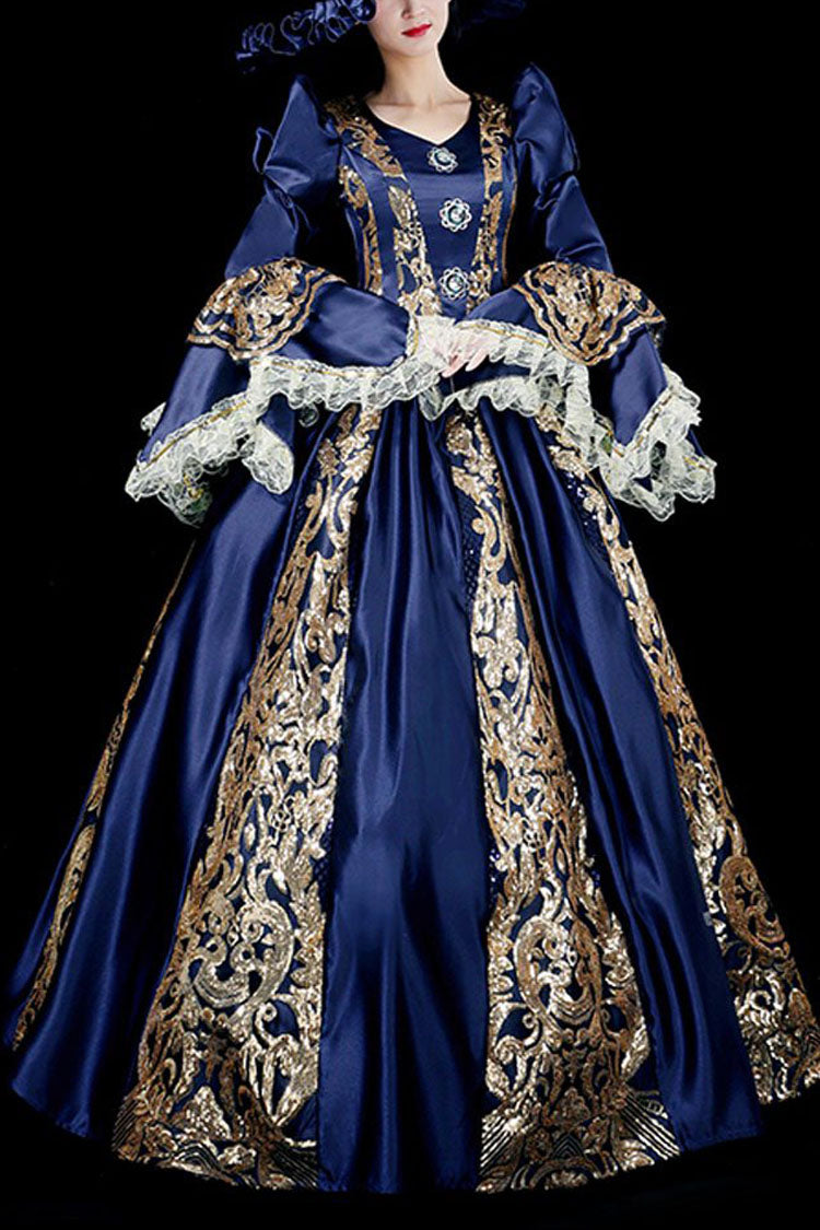Golden Floral Hollow Print Victorian Lolita Dress with Trumpet Sleeves