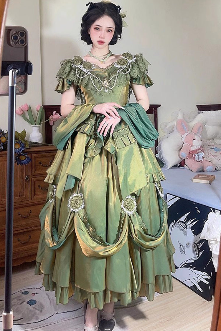 Emerald Tana Manor Rose Flower Long Sleeve Ruffle Bow Elegant Sweet Princess Lolita Strapless Gown