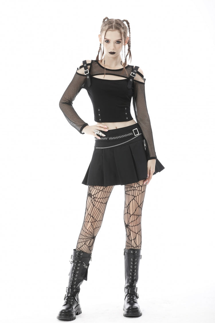 Jet-Black Chain-Trimmed Pleated Mini Skirt with Waistbelt