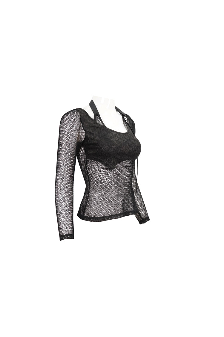 Asymmetric Wrap Punk Tee with Shoulder Loop for Women - Noir