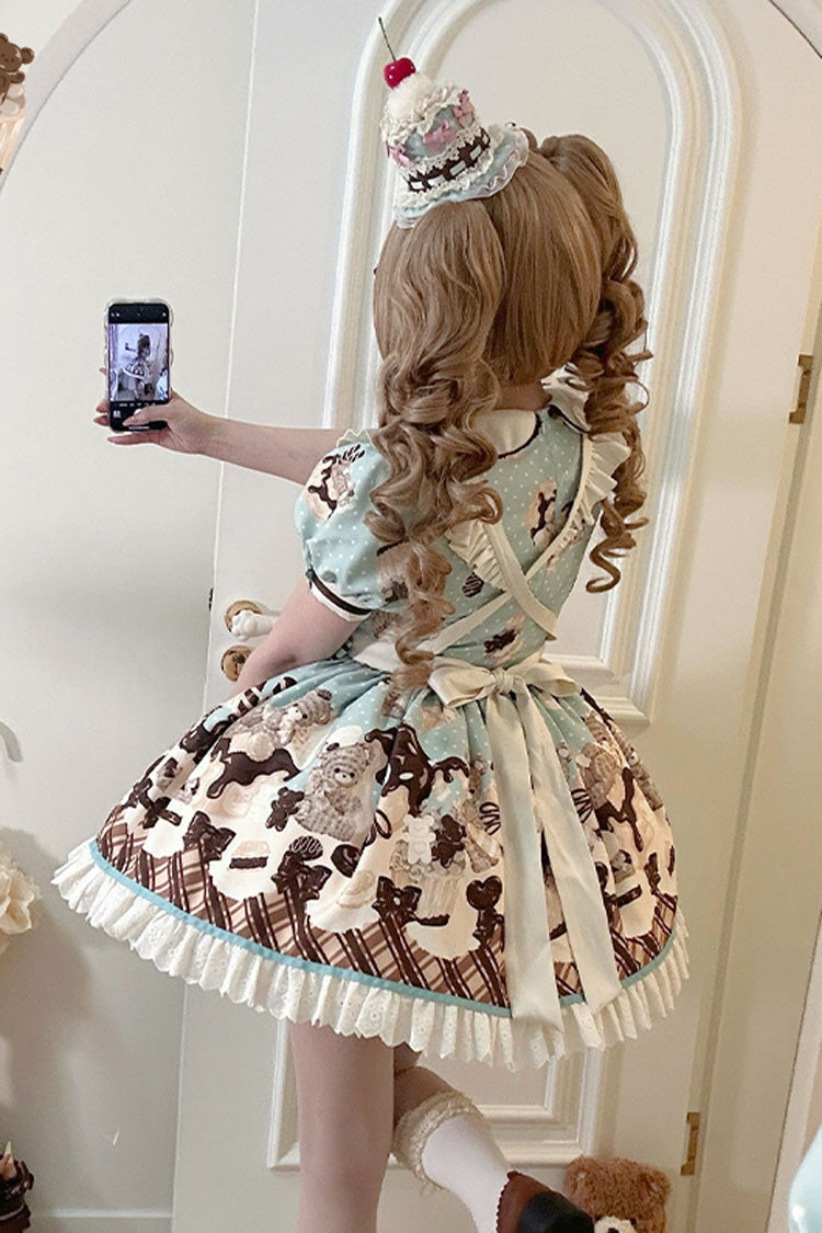 Sweet Lolita Dress with Chocolate Cake Bear Print and Lace-Up