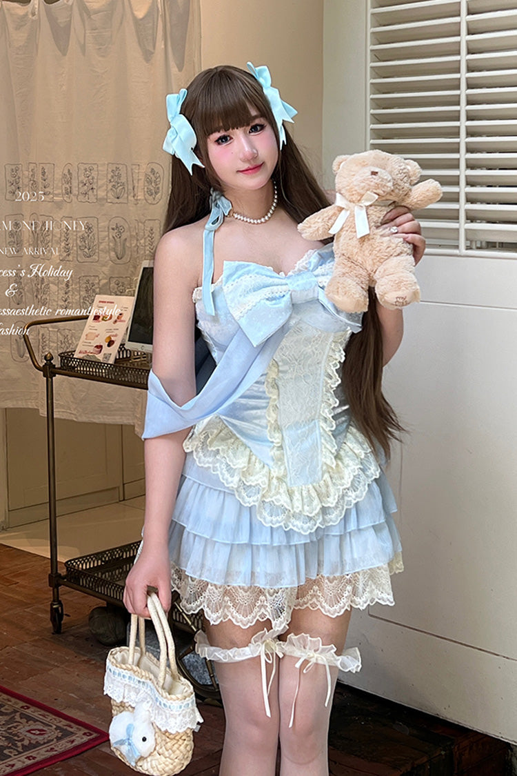 Double-Layered Ruffled Bow Lace Two-Piece Skirt Set - Antique Girl