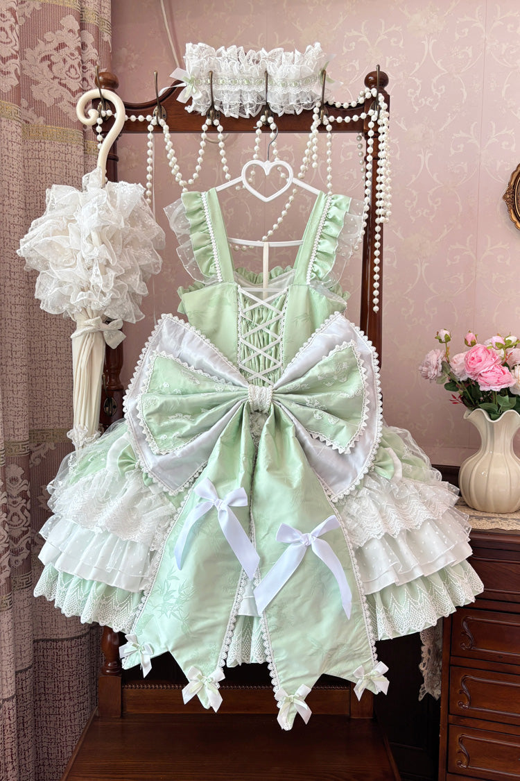 Emerald Sleeveless Triple Ruffle Embroidered Bow Pearl Lace-Up Plus Size Lolita JSK