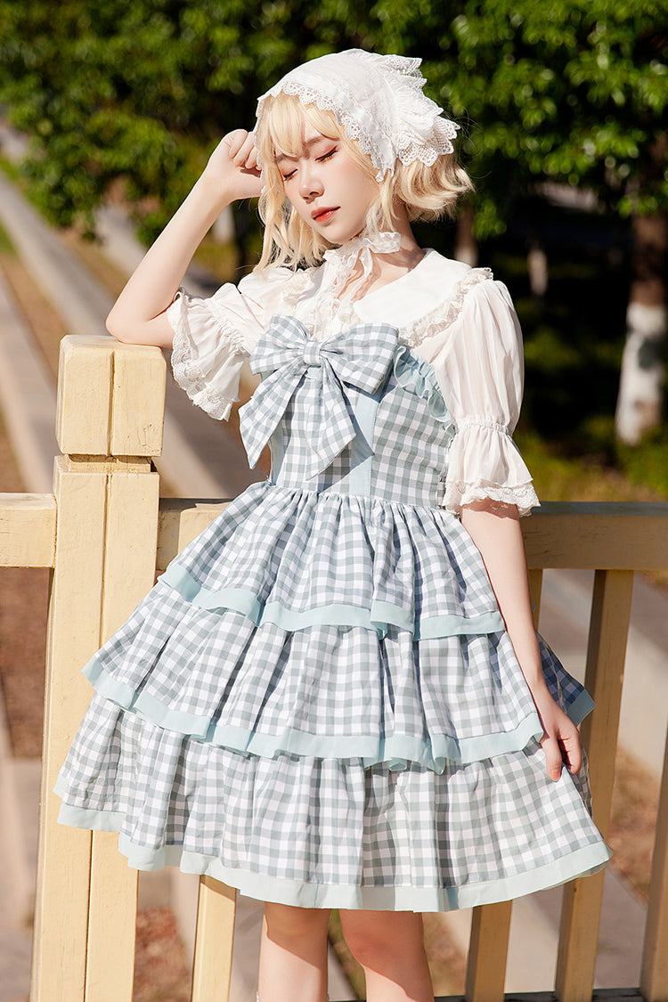 Triple-Layered Tartan Bow-Adorned Sweet Princess Gown with Ruffles - Cloth Cat
