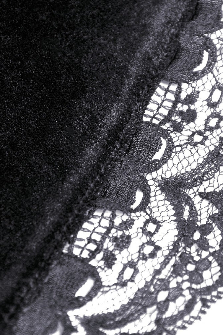 Gothic Velvet Gown with Puff Sleeves and Lace Detailing in Black