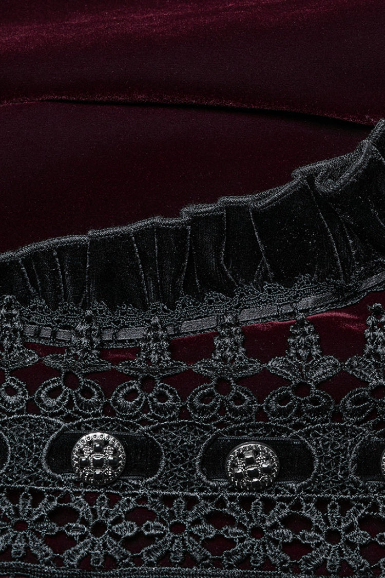 Crimson Noir Floral Embroidered Puff-Sleeve Women's Gothic Overcoat