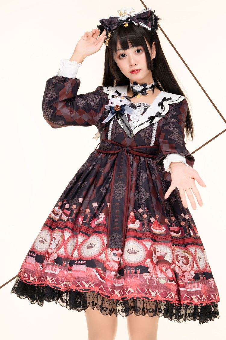 Long Sleeve Print Ruffle Bow Sweet Lolita JSK - Afternoon Fantasia
