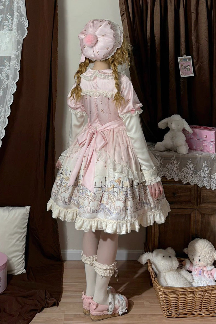 Angel Lamb Lapel Collar Short Sleeves Printed Ruffled Bow, Sweet Lolita Dress