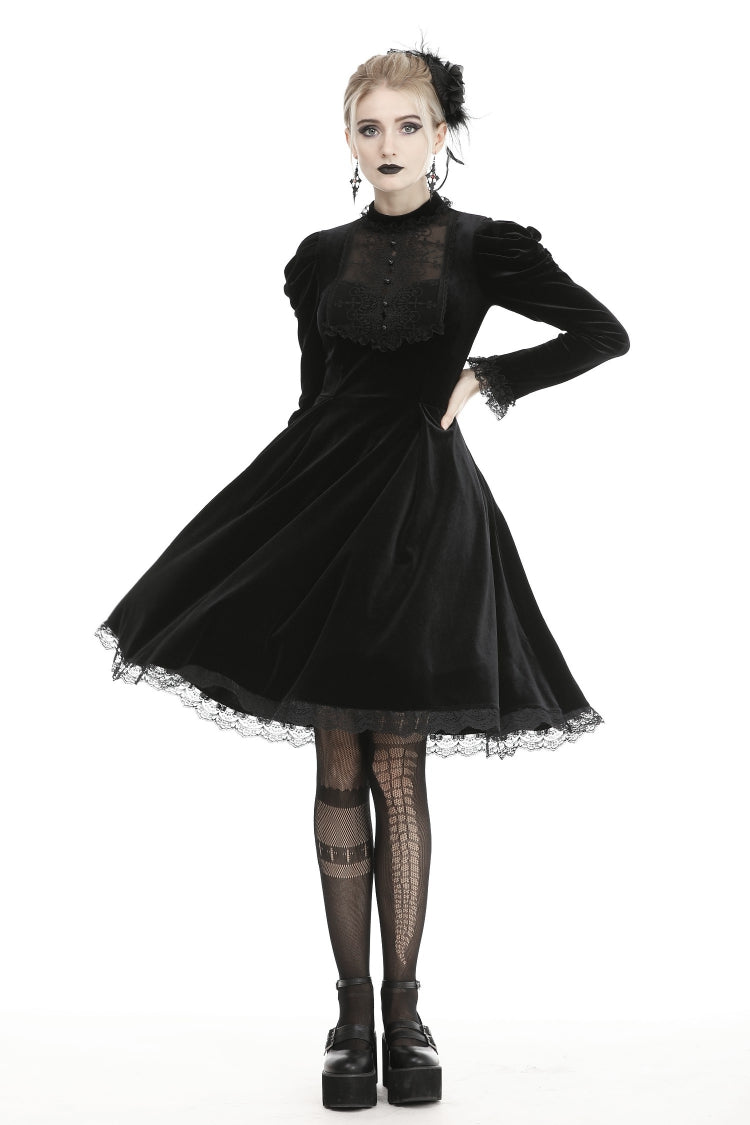 Gothic Velvet Gown with Puff Sleeves and Lace Detailing in Black