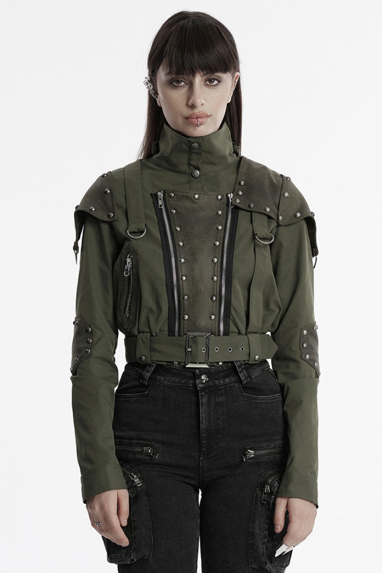 Emerald Stand Collar Long Sleeve Stitching Faux Leather Gothic Military Jacket for Women