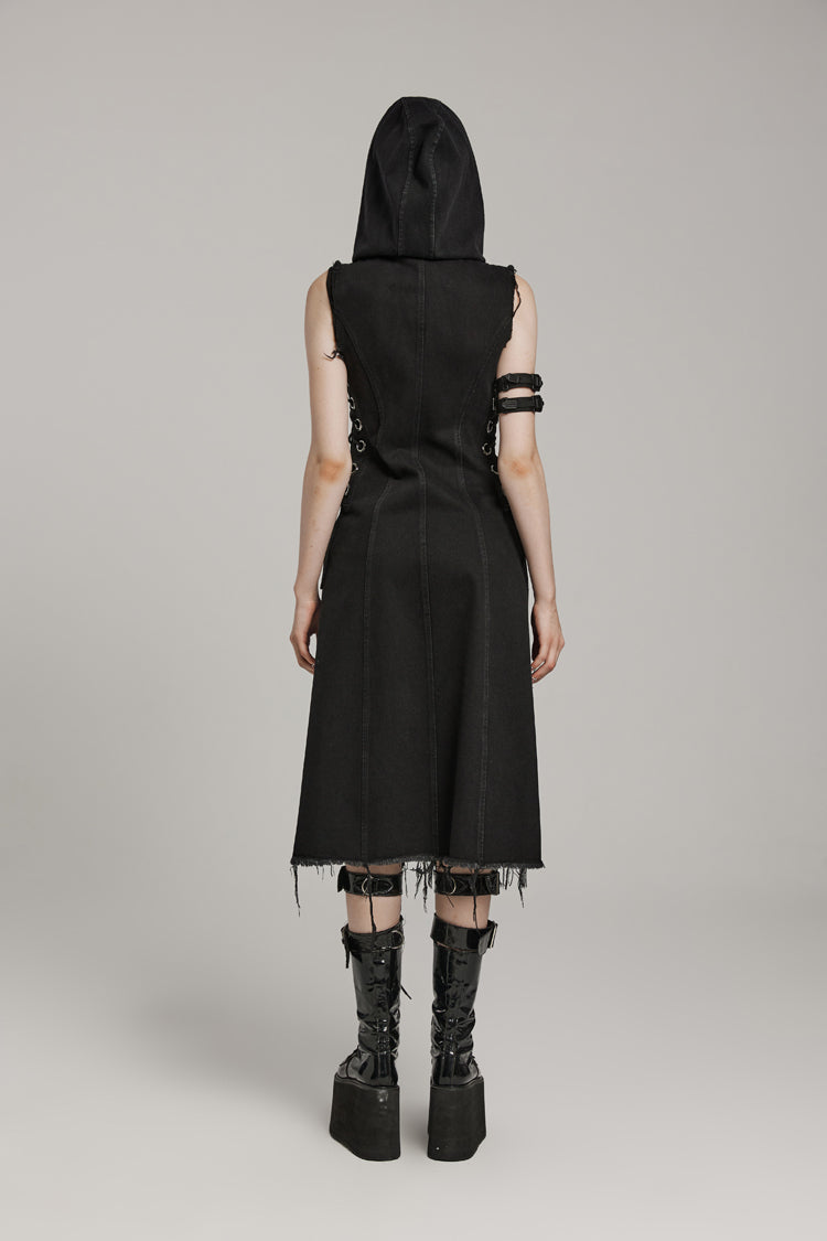 Sleeveless Hooded Vest with Drawstring and Pin Details