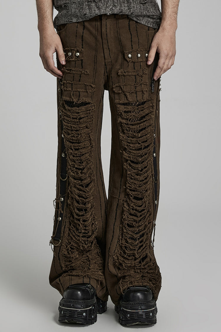 Steampunk Men's Ripped Straight Pants with Metal Rivets and Mesh - Two Tones