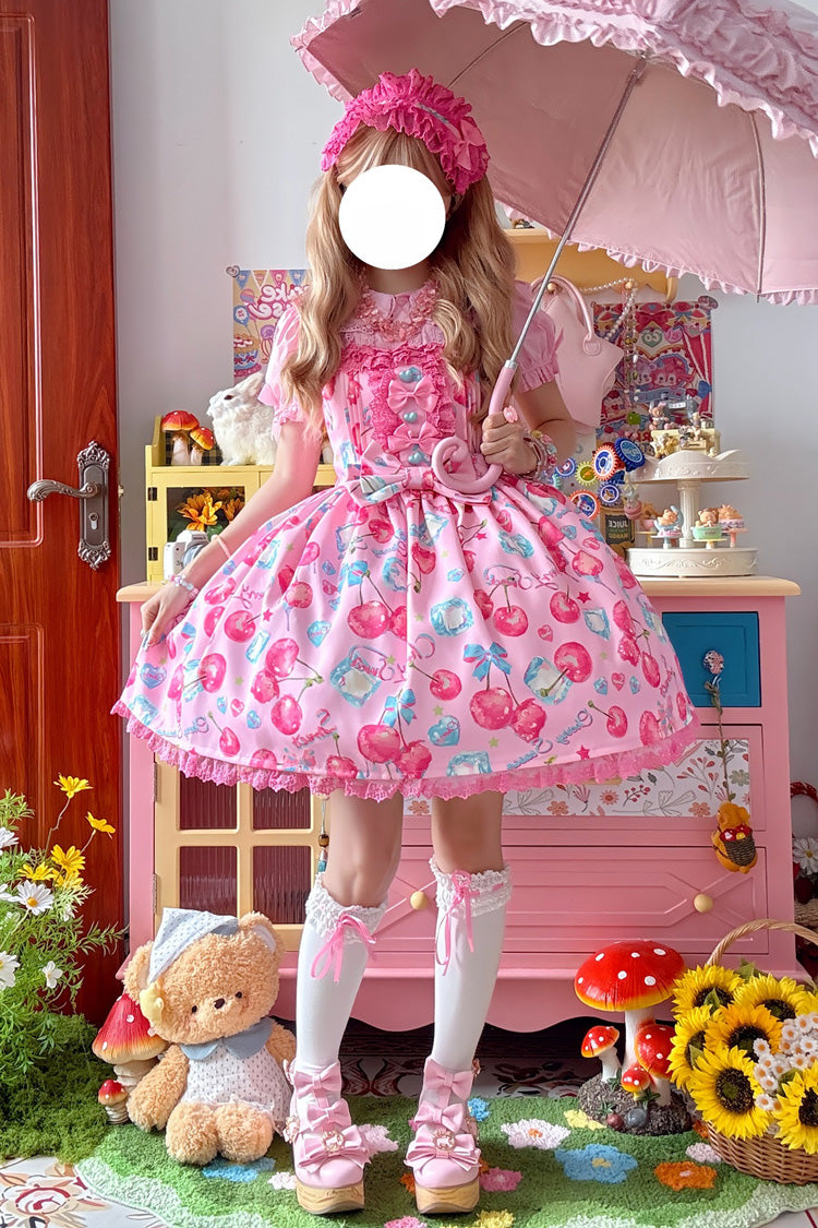 Cherry Sweet Ice Print Ruffle Bow Lace Lolita JSK