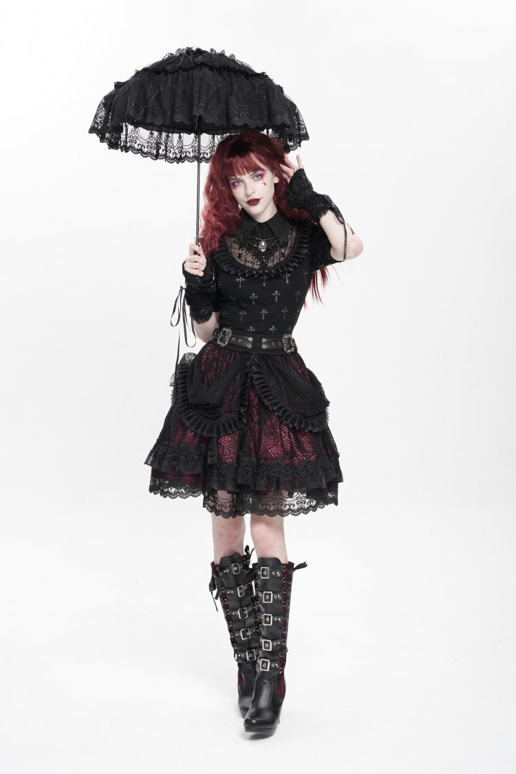 Crimson & Noir Multi-Layer Ruffled Buckle Strap Gothic Skirt
