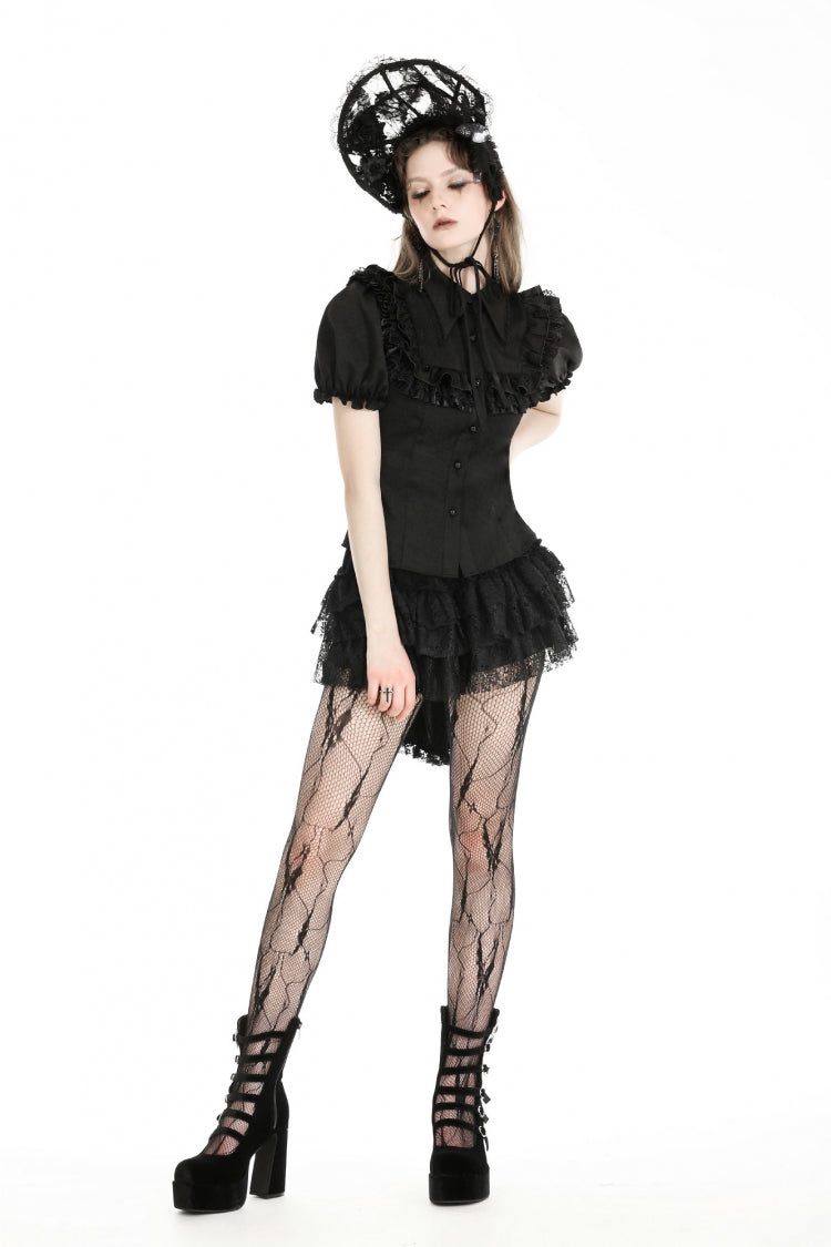 Ruffled Gothic Blouse with Puff Sleeves and Collar - Gothic Edge