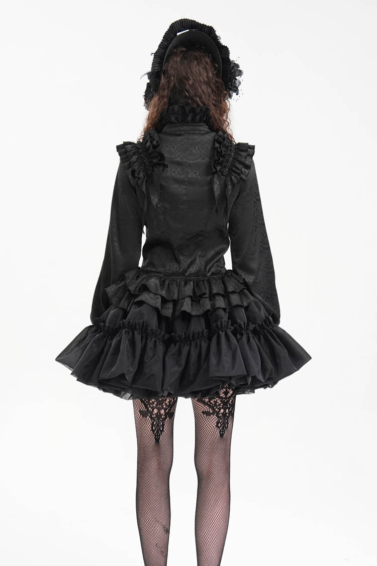 Women's Gothic Blouse with Ruffle Lace and Print, Long-Sleeve Victorian Style