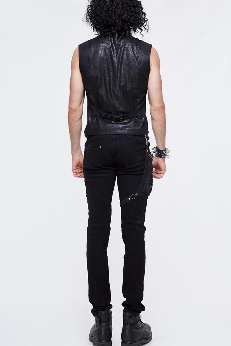 Men's Punk Waistcoat with Coarse Woolen Texture and Leather Loop Patchwork