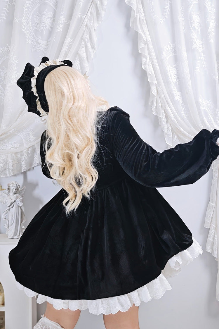 Stand Collar Ruffled Bow Plus Size Gothic Dress - Antique Velvet Doll