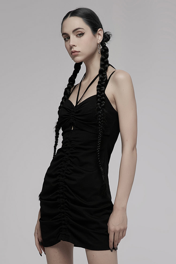 Punk Dress with Knitted Stretch Hollow Design Drawstring and Halter Neck