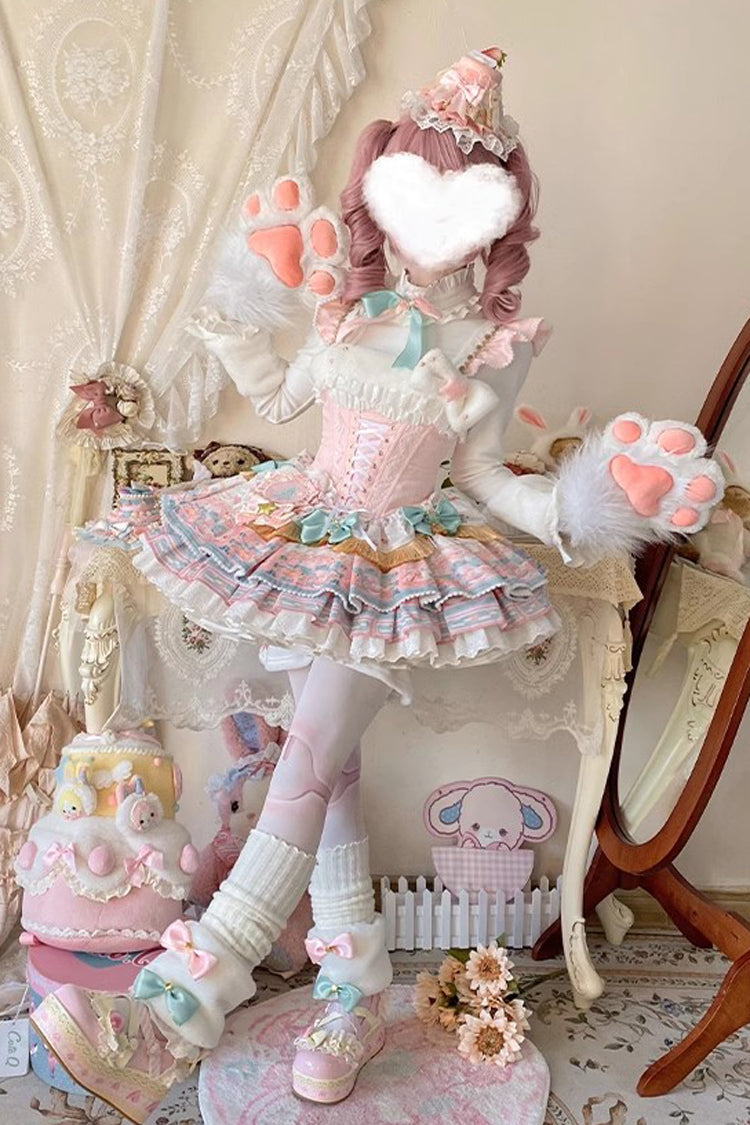 Candy House Multi-Layer Print Ruffle Bow Lace-Up Ballet Lolita JSK