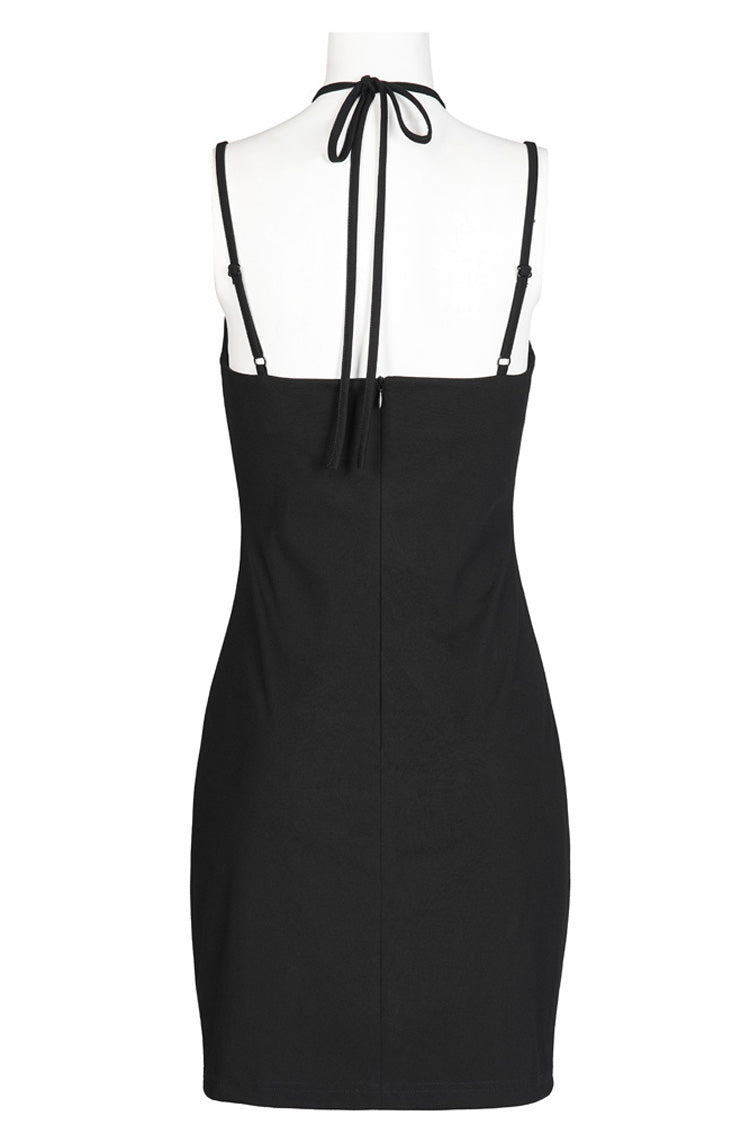Punk Dress with Knitted Stretch Hollow Design Drawstring and Halter Neck