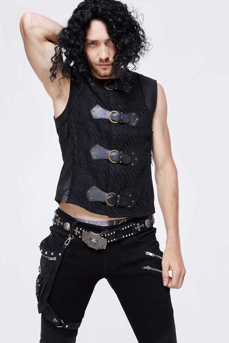 Men's Punk Waistcoat with Coarse Woolen Texture and Leather Loop Patchwork