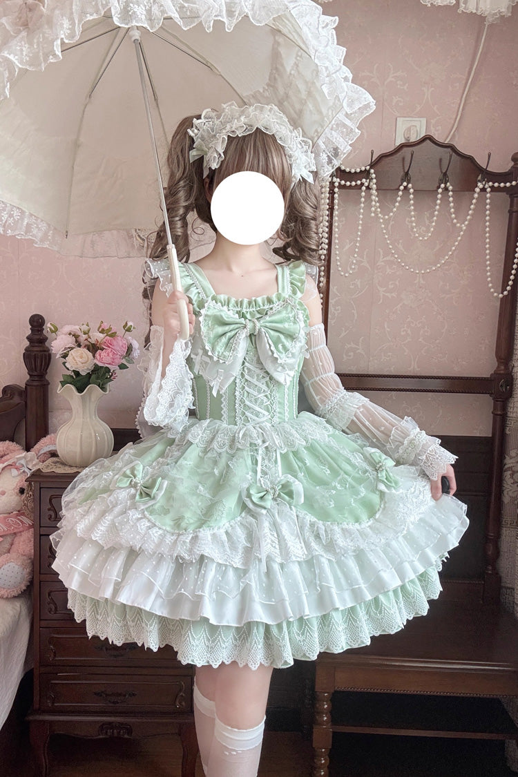 Emerald Sleeveless Triple Ruffle Embroidered Bow Pearl Lace-Up Plus Size Lolita JSK