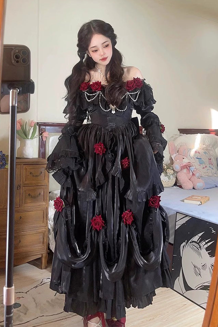 Elegant Gothic Lolita Rose Ruffle Bowknot Long Sleeve Dress