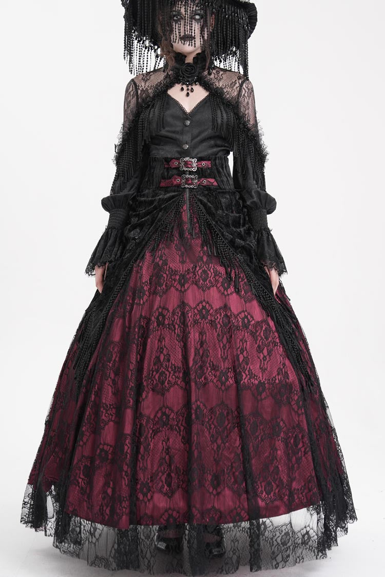Burgundy Print Embroidery Tassel Buckle Lace-Up Gothic Long Skirt