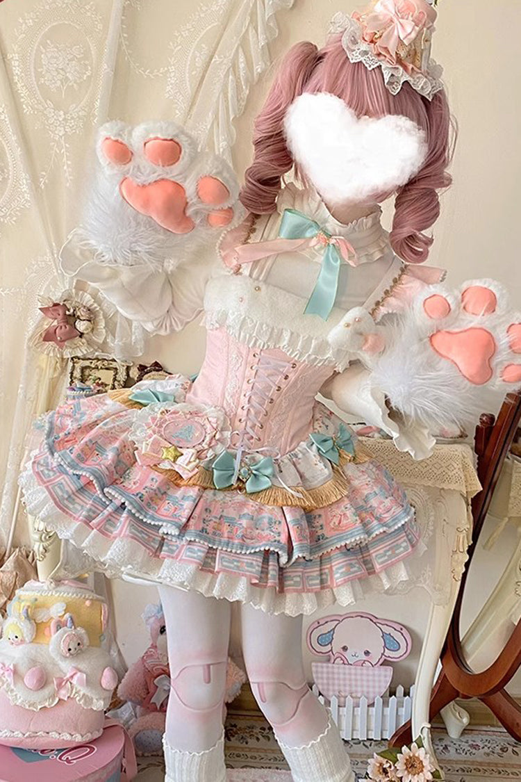 Candy House Multi-Layer Print Ruffle Bow Lace-Up Ballet Lolita JSK