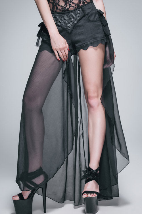 Gothic Short Women's Pants with Back Front Buckle Waist, Lace Up, Chiffon Lace Hem