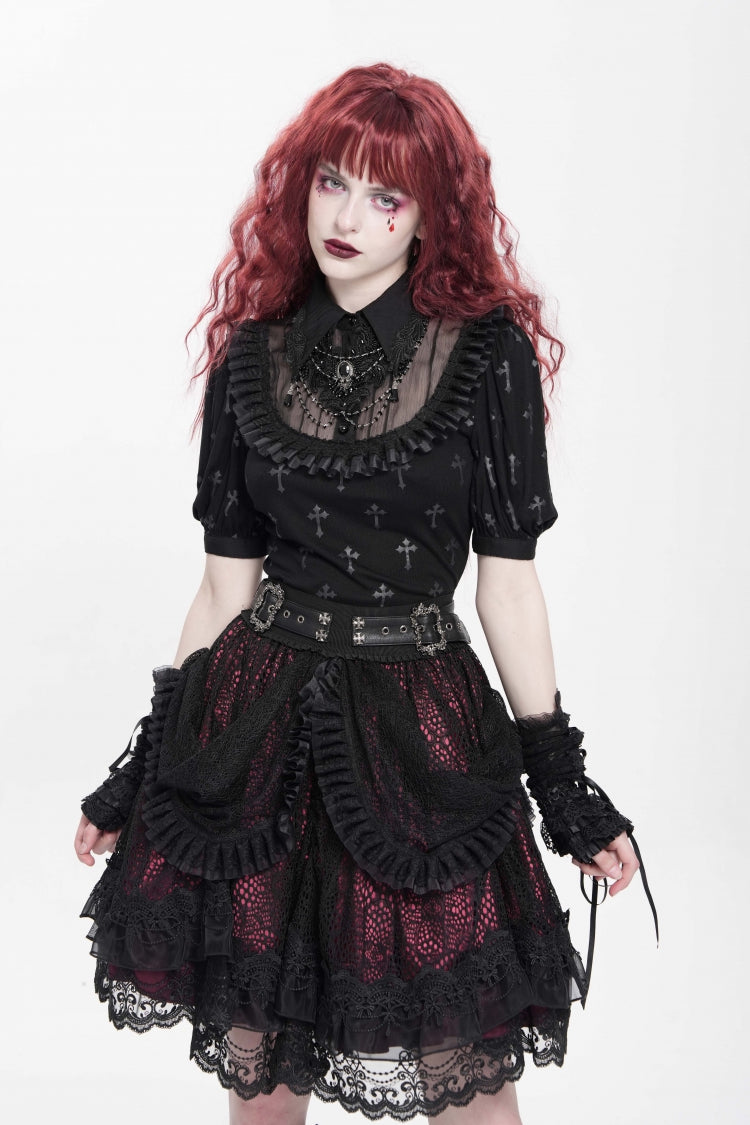 Crimson & Noir Multi-Layer Ruffled Buckle Strap Gothic Skirt
