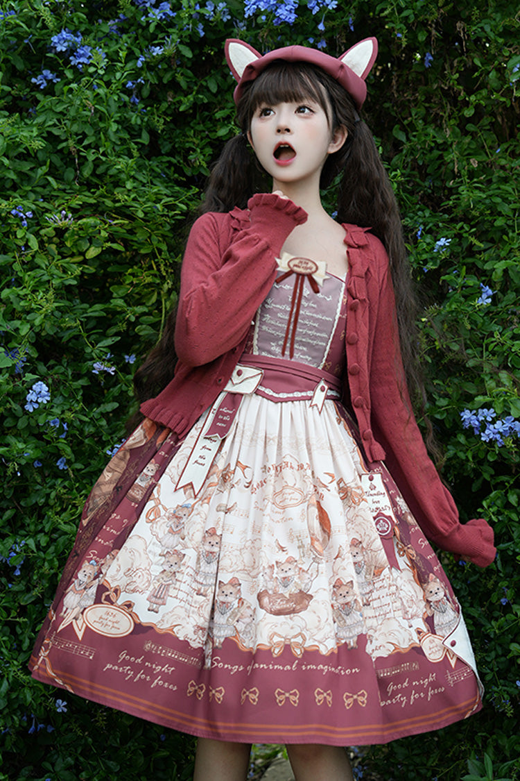 Burgundy Fox Band Print Square Collar Bow Classic Lolita Jumper Dress