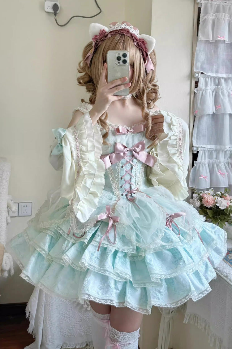 Emerald Sleeveless Multi-Layer Ruffle Bow Lace-Up Sweet Princess Lolita JSK