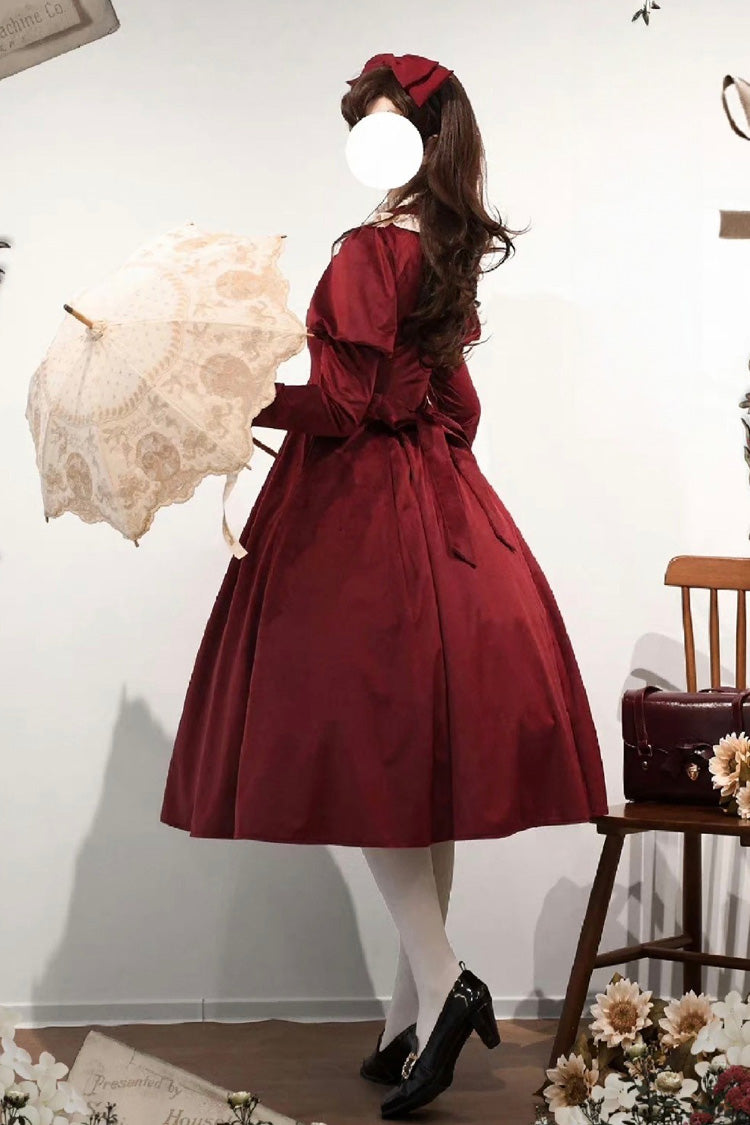 Burgundy High Collar Long Sleeve Ruffled Bow Classic Lolita Gown
