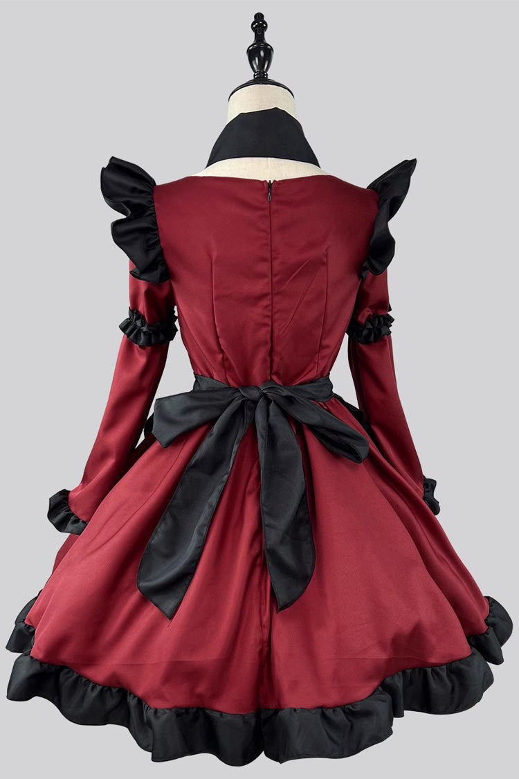 Crimson & Noir Maid Long Sleeve Ruffled Bow Gothic Lolita Full Outfit