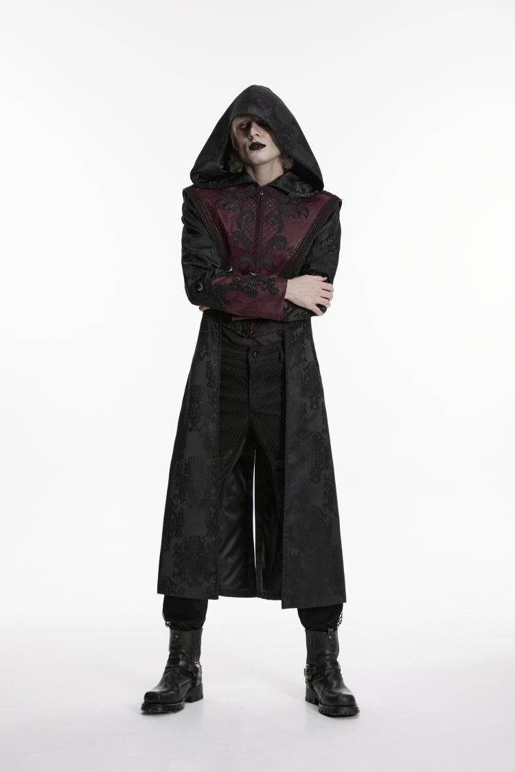 Crimson Noir Jacquard Hooded Embroidered Spliced Long-Sleeve Men's Punk Jacket