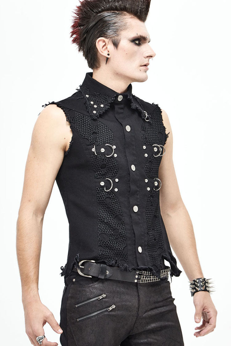 Distressed Mesh-Trimmed Punk Waistcoat with Raw Hem - Noir