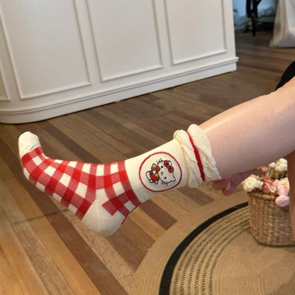 Cartoon Plaid Bubble Lace Kitty Tube Socks