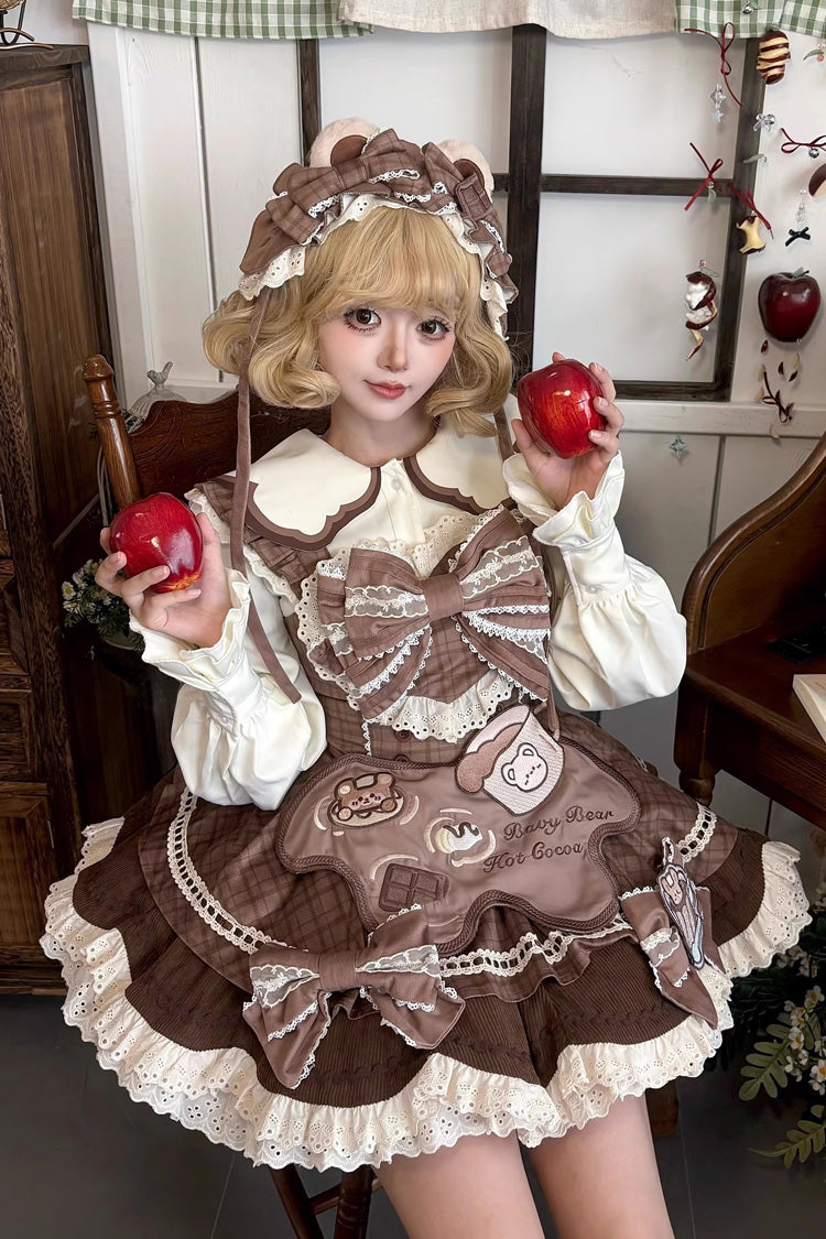 Chocolate Sleeveless Print Bow Lace JSK - Hot Cocoa Little Bear