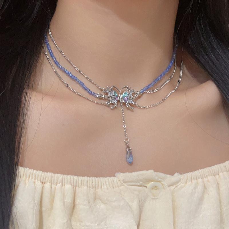 Delicate Layered Butterfly Crystal Pendant Beaded Chain Necklace