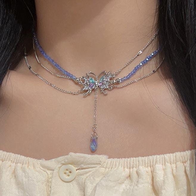 Delicate Layered Butterfly Crystal Pendant Beaded Chain Necklace