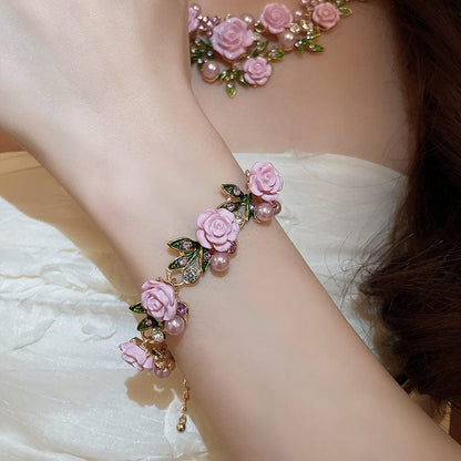 Delicate Pearl Rhinestone Camellia Flower Necklace Bracelet Earrings